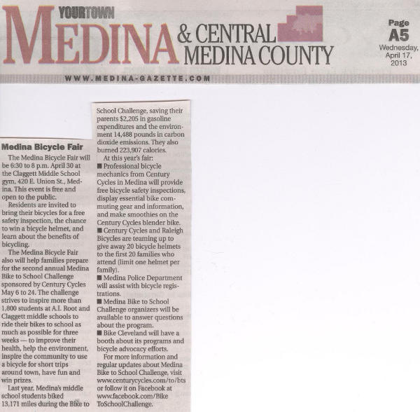 Medina Bicycle Fair article from the April 17, 2013 Medina Gazette Medina Bicycle Fair article from the April 17, 2013 Medina Gazette