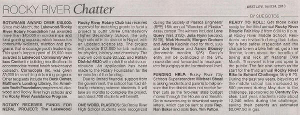 West Life / Rocky River Chatter article from April 24, 2013 West Life / Rocky River Chatter article from April 24, 2013