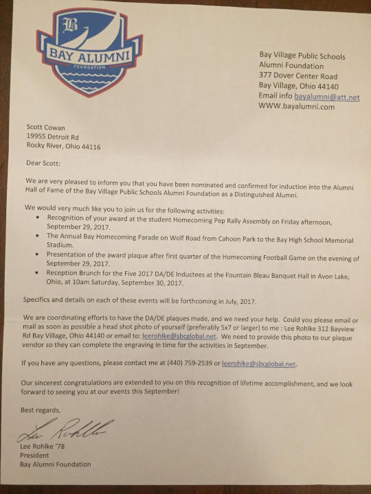 Letter of recognition from the Bay High School Alumni Foundadtion